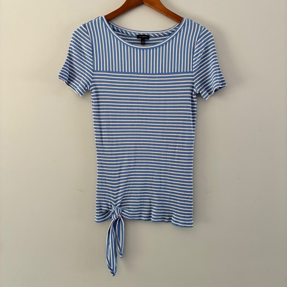 Talbots Top XS Blue Striped Side Tie Ribbed Scoop Neck Nautical Preppy Coastal